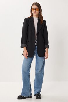 Vatkalı Düğmeli Blazer Dokuma Ceket Siyah Lxa0012