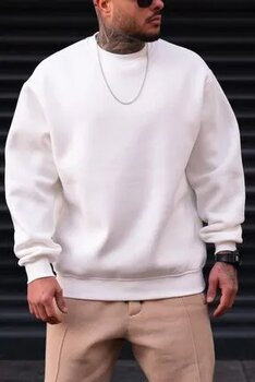 Millionaire Erkek Düz Kırık Beyaz Krem Ekru Basic Baskısız Sıfır Bisiklet Yaka Oversize Salaş Sweatshirt Sweat