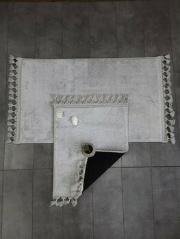 Bonny Home Elite Gri Ponpon Saçaklı Peluş 2'li Banyo Paspası Halısı Kaymaz Taban Klozet Takımı Püsküllü