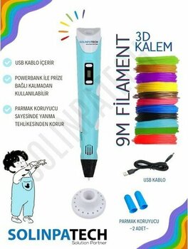 Solinpatech Mavi 3D Pen Üç Boyutlu Yazıcı Kalem Printer (3 Adet 3 Metre Filament -9 Metre- ve USB Kablo Dahil)