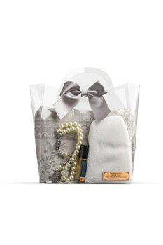 Hayrat Neşriyat Seccade + Tesbih + Takke + Esans Hediye Seti (Çantalı Asetat Kutu, Gri)