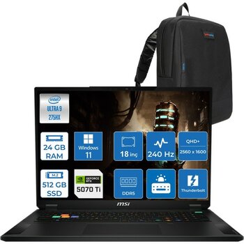 Msı Nb Stealth 18 Hx Aı Ultra 9 275HX 24GB Ddr5 512GB SSD 12GB/RTX5070TI/140W 18" QHD+(2560X1600) 240Hz IPS Windows 11 Pro Taşınabilir Bilgisayar A...
