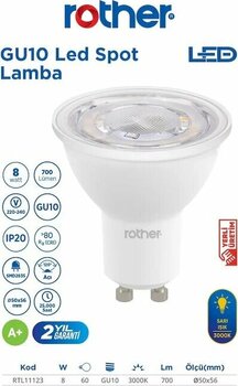Rtl11123 Rother Gu10 Led Spot Ampul 8w 700 Lümen 3000k Sarı Işık - Enerji Tasarruflu Ampul