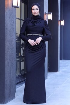 ELBENMODA Tesettür Abiye Elbise DİLARAM & Taş Detaylı Tül Büyük Beden Abiye 46 Beden