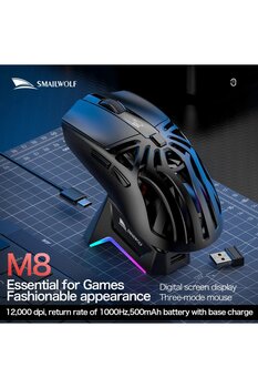 SMAILWOLF M3 Pro Plus Kablosuz Oyuncu Mouse PAW3311 Sensör - 3 Modlu 12000 DPI Manyetik Şarj Standlı RGB 65g Ultra Hafif Fare 1000Hz 1K Hız