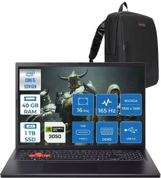 Acer Nitro Lite Intel Core I5 13420h 40gb Ddr5 1tb Ssd 6gb/Rtx3050/45w 16" Wuxga Ips 165hz Freedos Taşınabilir Bilgisayar Nhdaaey001f14 + Zettaçanta