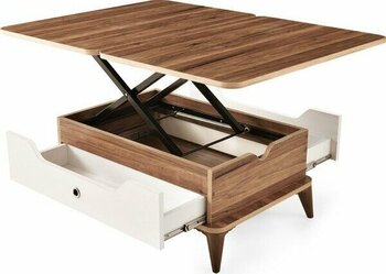 Çift Çekmeceli Akıllı Sehpa Sihirli Sehpa Orta Sehpa Yemek Masası - Ceviz - Beyaz