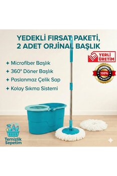 Motek Fix Mop Set Pratik Temizlik Seti Sıkma Sistemli Döner Başlıklı (2 Adet Başlık)
