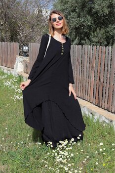 1tarz Keten Günlük Yazlık Salaş Kadın İki Katlı Elbise M Beden