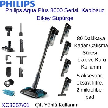 Philips Aqua Plus 8000 Serisi Kablosuz Dikey Süpürge +  Aprilla  Şarjlı Araç  Süpürgesi Hediye - Antrasit - Gri
