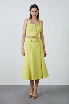 Kemerli Midi Tüvit Kumaş Sarı Etek 40 15152418