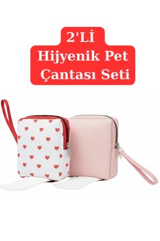 NS reliable 2'li Kadın Hijyenik Ped Saklama Çantası - Pembe ve Kalpli Ped Düzenleyici Organizer - 10x14x3 cm