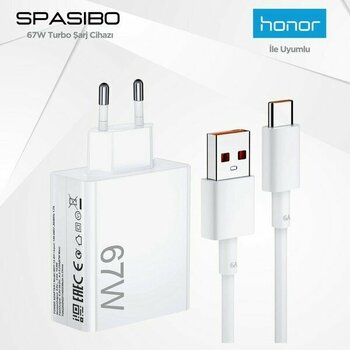 Spasibo Honor Uyumlu 67W Turbo Şarj Adaptörü Seti | Type-C Hızlı Şarj & Akıllı Voltaj Koruma - Beyaz