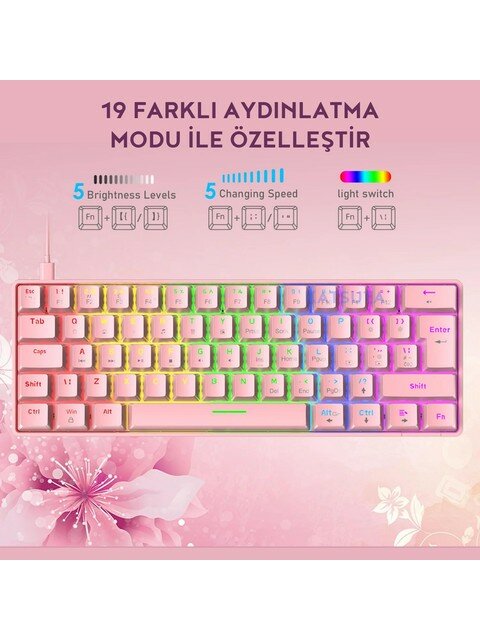 Katsuta Blue Switch Mekanik Mini 62 Tuşlu Pembe Kablolu Oyuncu Klavyesi