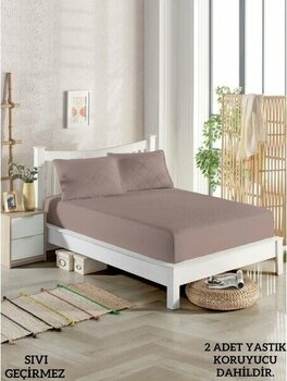 Homenup 120X200 Tek Kişilik Sıvı Geçirmez Yatak Koruyucu Alez Seti %100 Pamuk Kapitoneli Fitted Bej - 120 x 200 cm