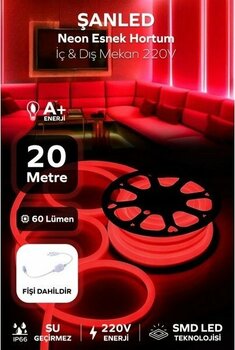 Neon Esnek Hortum Şerit LED Kırmızı Rengi + 220V FIŞ/1,2,3,4,5,10,15,20,25,50,100 Metre - 20 m