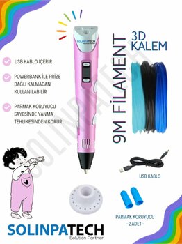 SolinpaTech Pembe 3d Kalem 3d Pen 3 Boyutlu Yazıcı Kalem 3 Renk 9 Metre Filament Usb Kablo