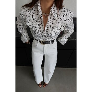 Özge Özgenç Puantiyeli Omuzu Vatkalı Gömlek - M - Ekru