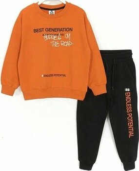 Dobakids Slogan Baskılı Fırçalı Kumaş Uzun Kollu 11 Yaş Turuncu Siyah Eşofman Takımı