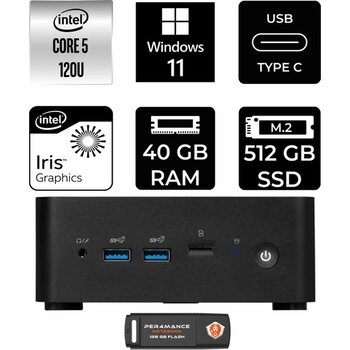 MSI Msı Cubi Nuc Core 5 120U 40GB RAM 512GB SSD Win11 Home 1MG238BEUP367 Mini PC + Per4 USB - Windows 11 Home