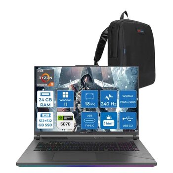 Asus Rog Strix G18 G814pp Amd Ryzen 9 8940Hx Aı 24Gb 512Gb Ssd +512Gb Ssd 8Gb/Rtx5070 Gddr7 115W 18"2.5K (2560 X 1600, Wqxga) 240Hz 3Ms Windows 11 Pro Gaming Laptop Ws9046p02+Zettaçanta