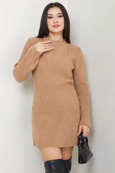 SENSTIL Bisiklet Yaka Mini Triko Elbise Camel SS Standart Beden