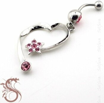 Pembe Taşlı Kalp Yıldız Cerrahi Çelik Göbek Piercing P424 Pembe