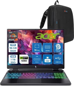 Acer Nitro 16 An16-42 Amd R7 8845Hs Aı 96Gb Ddr5 1Tb Ssd 8Gb/Rtx4060 140W 16" Wuxga 180Hz Ips Freedos Taşınabilir Bilgisayar Nhqskey004f28+Zettaçanta