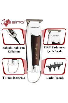 Lesima Professional Prince Serisi Sakal Tıraş Makinesi Ense Düzeltme 1-2-3 Mm Tarak Dijital Ekran