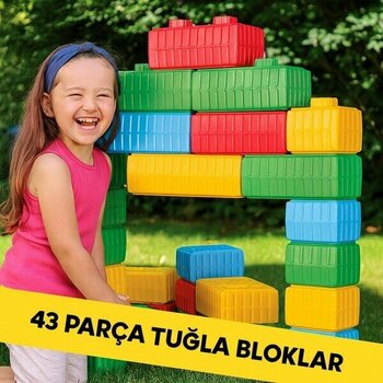 Tuğla Blok Oyuncak Seti | 43 Parça Büyük Blok + Çekçekli Araba | 3+ Yaş Eğitici Oyuncak