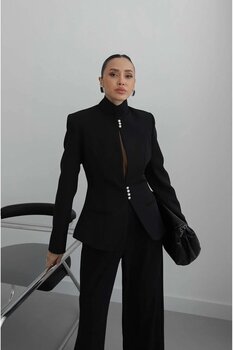 Havoş Siyah İnci Düğme Detaylı Vatkalı Blazer Ceket XS Beden