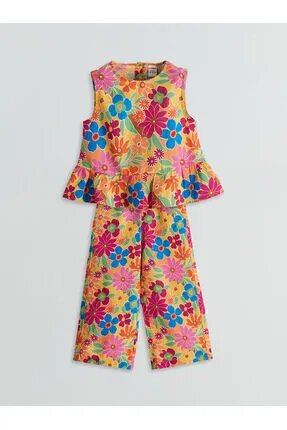 LC Waikiki LCW Bisiklet Yaka Çiçekli Kız Çocuk Bluz ve Pantolon 2'li Fast Moda