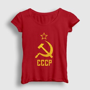 Presmono Kadın Kırmızı Logo Cccp Sovyetler Birliği T-Shirt - XL