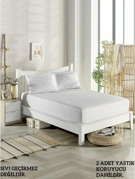 Homenup 160X200 Çift Kişilik  Yatak Koruyucu Alez Seti %100 Pamuk Kapitoneli Fitted Beyaz - 160 x 200 cm