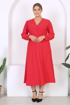 Mooi XXL Kadın Kırmızı Kruvaze Yaka Balon Kol Maxi Boy Bürümcük Elbise 42-44 Beden