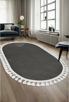 Dijidekor Halı  Antrasit Sahra Kaymaz Yıkanabilir Saçaklı Oval Yolluk Salon Halısı Modelleri - 80 x 500 cm