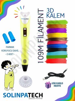 SolinpaTech Sarı 3d Kalem 3d Pen Yazıcı Kalem | Çok Renkli (TOPLAM 109 METRE) Filament Usb Kablo