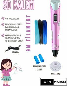 ORH 3D Kalem 3D Pen USB Kablolu Üç Boyutlu Yazıcı Kalem Printer-Pembe (3 ADET 3M FİLAMENT -9METRE-)