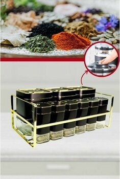 Evren 9 Parça Kare Vakum Kapaklı Cam Baharatlık Seti ve Metal Stant, Baharat Takımı 9’lu Set - Siyah