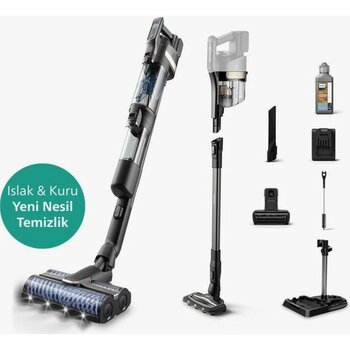 Philips Aqua Trio Yeni 9000 Serisi Islak&kuru Dikey Süpürge, Tek Süpürge 3 Işlem, Otomatik Temizlik, LED Işıklı Başlık - Gri