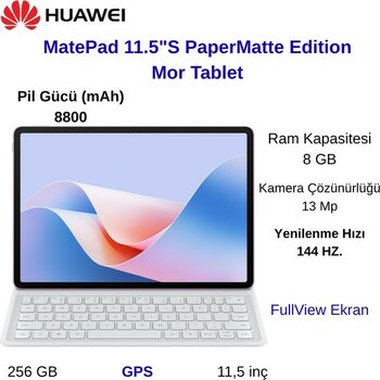 Huawei Huaweı Matepad 11.5s Papermatte Edition,çıkarılabilir Klavye 8GB+256GB Tablet+(3.nesil Pencil +10K Anker Power Bank) Hediye - 256 GB - Mor