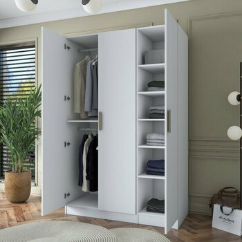 Rani BA164 Gardırop Elbise Dolabı 3 Kapaklı 6 Raflı 2 Askılı Modüler Dolap Beyaz