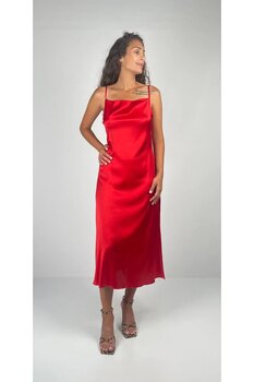 Socrates Safir  İnce Askılı Degaje Yaka Uzun  Saten İpek  Elbise 1 Beden