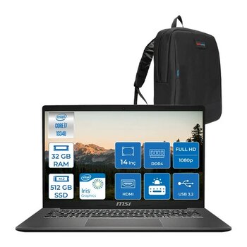 Msı Modern 14 Intel Core I5 1334U 32GB Ddr4 512GB SSD Intel Iris Xe Graphics 14.0" Fhd IPS Freedos Taşınabilir Oyuncu Bilgisayarı F13MGF09 + Zettau