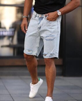 Erkek Açık Mavi Detaylı Kot Şort