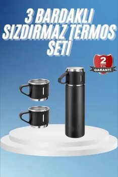 thebestnzm Paslanmaz Çelik Termos Siyah 3 Bardaklı Termos Seti