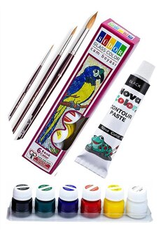 Artlantis Cam Boyası 6 Renk 15 ml ve Siyah Kontur Boyası 1 Paket Fırça 3 Adet Cam Vitray Boyama Seti Cam Boyam