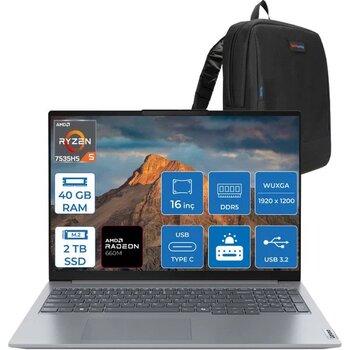 Lenovo Thinkbook 16 G7 Ryzen 5 7535HS 40GB Ddr5 2tb SSD Amd Radeon 660M 16" Wuxga IPS 300NITS Freedos Taşınabilir Bilgisayar 21MW000PTRF15 + Zettaç