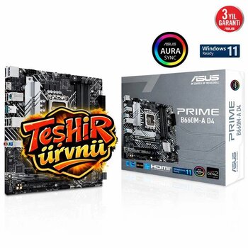 Asus Prıme B660m-A D4 Intel B660 Lga1700 Ddr4 5333 Dp Hdmı Çift M2 Usb3.2 Aura Rgb Matx 128Gb Kadar Ram Desteği Asus 5X Protectıon Iıı