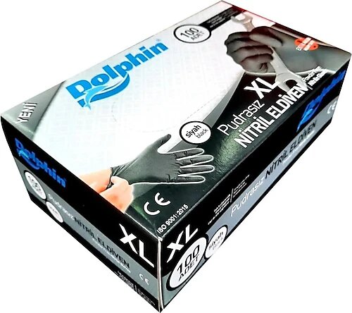 Dolphin Pudrasız Ekstra Kalın Siyah Nitril Ekstra Büyük Boy (XL) 100'lü Eldiven